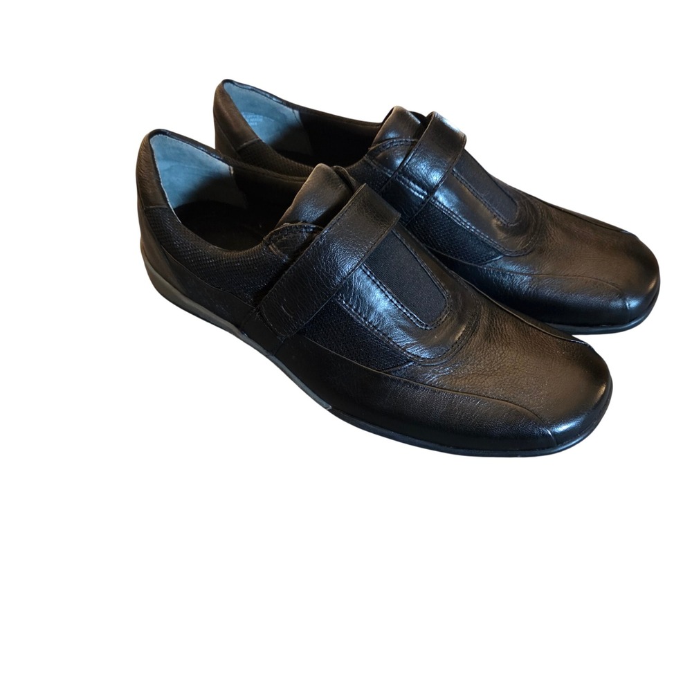 Easy Spirit Womens Black Leather Walking Shoes Loafers Hook Loop Strap Size 7M